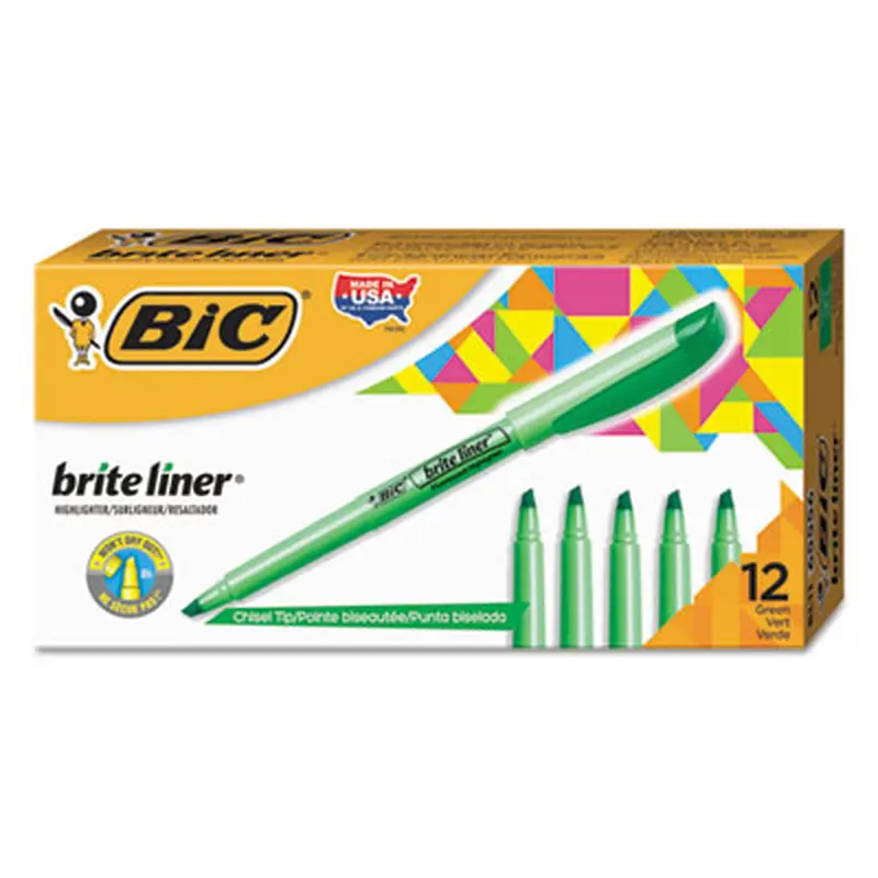 Brite Liner Highlighter, Fluorescent Green Ink, Chisel Tip, Green/Black Barrel, Dozen - Highlighters | BIC