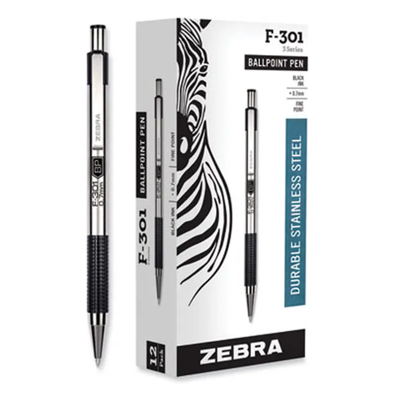 F-301 Ballpoint Pen, Retractable, Fine 0.7 mm, Black Ink, Stainless Steel/Black Barrel, Dozen - Pens | Zebra