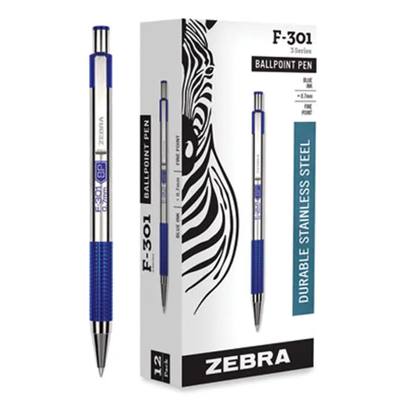 F-301 Ballpoint Pen, Retractable, Fine 0.7 mm, Blue Ink, Stainless Steel/Blue Barrel - Pens | Zebra