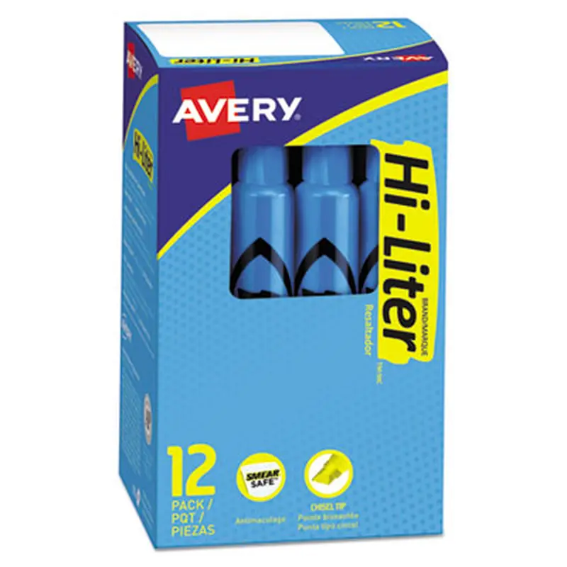 HI-LITER Desk-Style Highlighters, Fluorescent Blue Ink, Chisel Tip, Blue/Black Barrel, Dozen - Highlighters | Avery