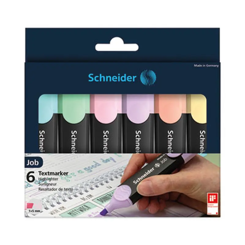 Job Pastel Highlighters, Chisel Tip (1mm/5mm), Assorted Ink Colors, Black/Assorted Barrel Colors, 6/Pack - Highlighters | Schneider