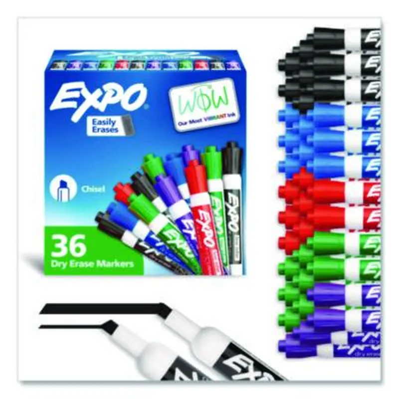 Low-Odor Dry-Erase Marker Value Pack, Broad Chisel Tip, Assorted Colors, 36/Box - Board Markers | EXPO