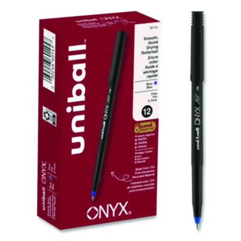 ONYX Rollerball Pen, Stick, Fine 0.7 mm, Blue Ink, Black/Blue Barrel, Dozen - Pens | uniball