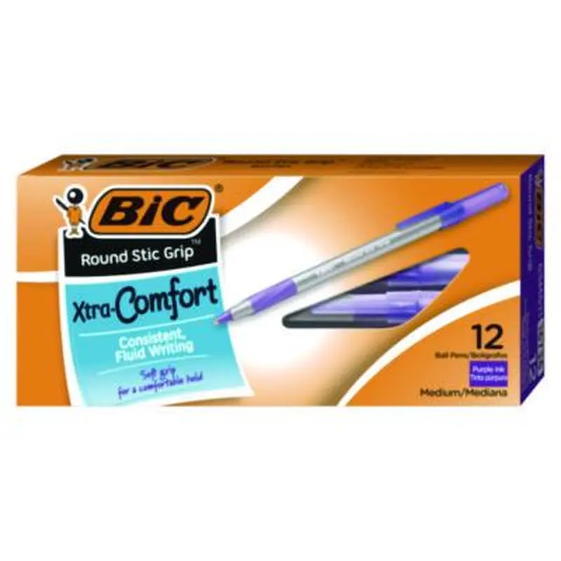 Round Stic Grip Xtra Comfort Ballpoint Pen, Easy-Glide System, Stick, Medium 1.2 mm, Purple Ink, Gray/Purple Barrel, Dozen - Pens | BIC