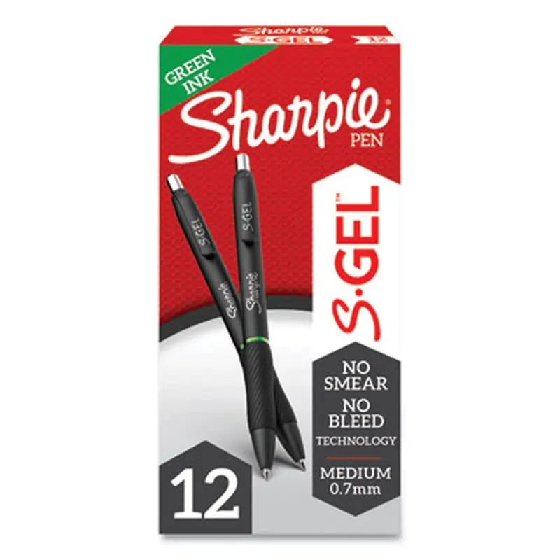 S-Gel High-Performance Gel Pen, Retractable, Medium 0.7 mm, Green Ink, Black Barrel, Dozen - Pens | Sharpie S-Gel
