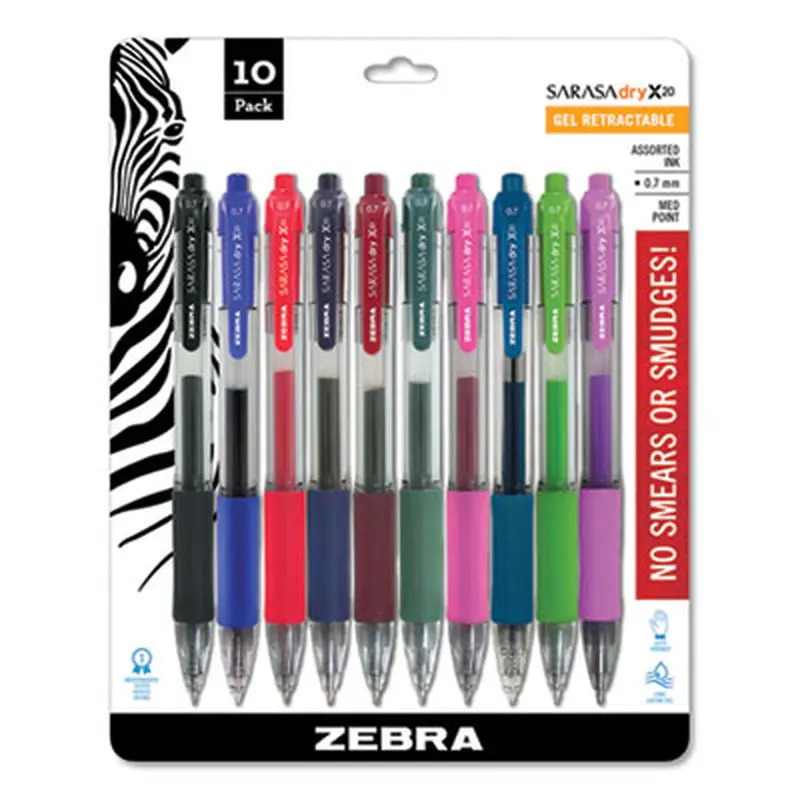 Sarasa Dry Gel X20 Gel Pen, Retractable, Medium 0.7 mm, Assorted Ink and Barrel Colors, 10/Pack - Pens | Zebra