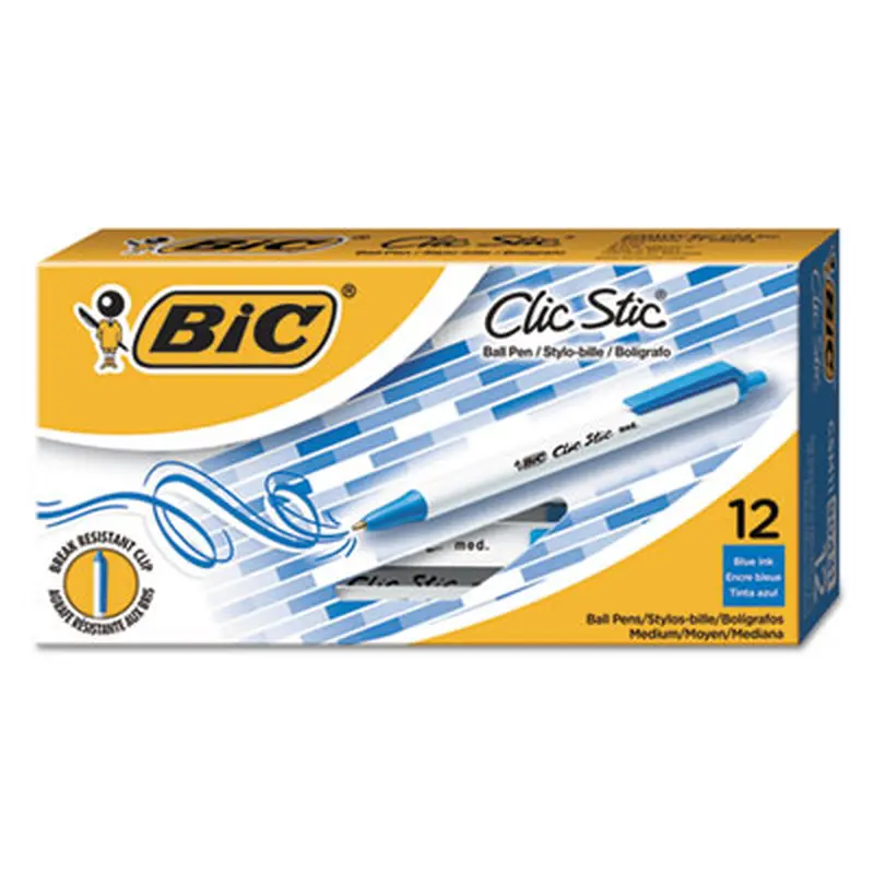 Clic Stic Ballpoint Pen, Retractable, Medium 1 mm, Blue Ink, White Barrel, Dozen - Pens | BIC