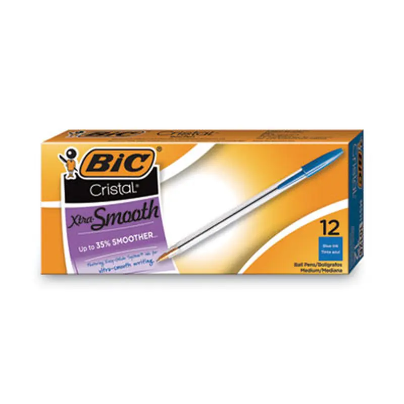 Cristal Xtra Smooth Ballpoint Pen, Stick, Medium 1 mm, Blue Ink, Clear Barrel, Dozen - Pens | BIC