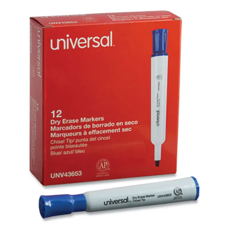 Dry Erase Marker, Broad Chisel Tip, Blue, Dozen - Board Markers | Universal