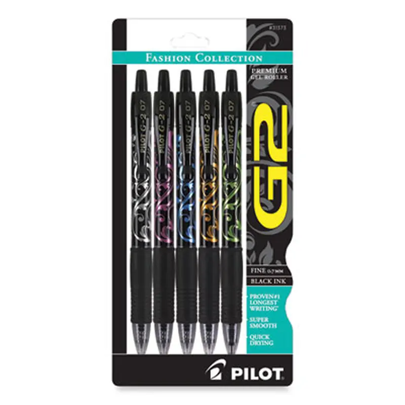 G2 Fashion Premium Gel Pen, Retractable, Fine 0.7 mm, Black Ink, Assorted Barrel Colors, 5/Pack - Pens | Pilot