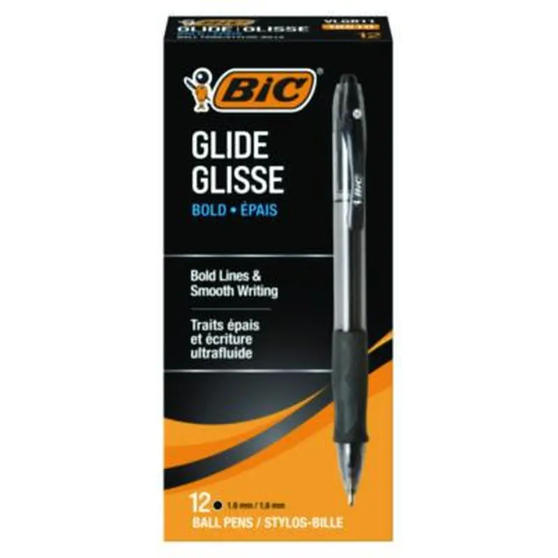GLIDE Bold Ballpoint Pen, Retractable, Bold 1.6 mm, Black Ink, Smoke Barrel, Dozen - Pens | BIC