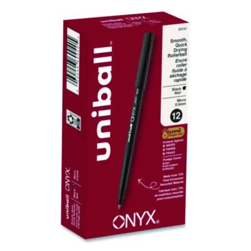 ONYX Rollerball Pen, Stick, Extra-Fine 0.5 mm, Black Ink, Black Barrel, Dozen - Pens | uniball