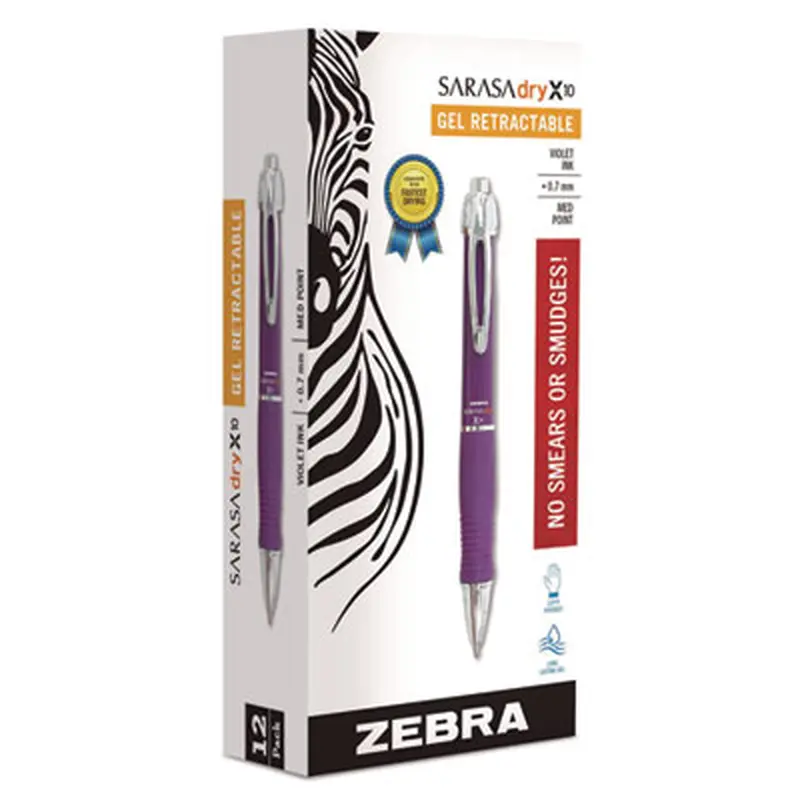 Sarasa Dry X10 Gel Pen, Retractable, Medium 0.7 mm, Violet Ink, Violet/Silver Barrel, 12/Pack - Pens | Zebra