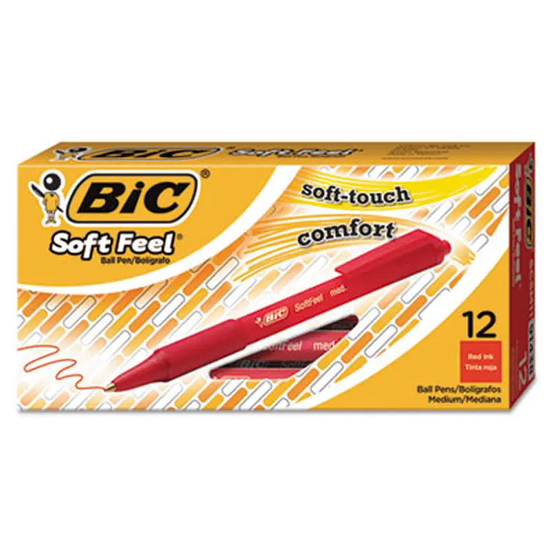Soft Feel Ballpoint Pen, Retractable, Medium 1 mm, Red Ink, Red Barrel, Dozen - Pens | BIC