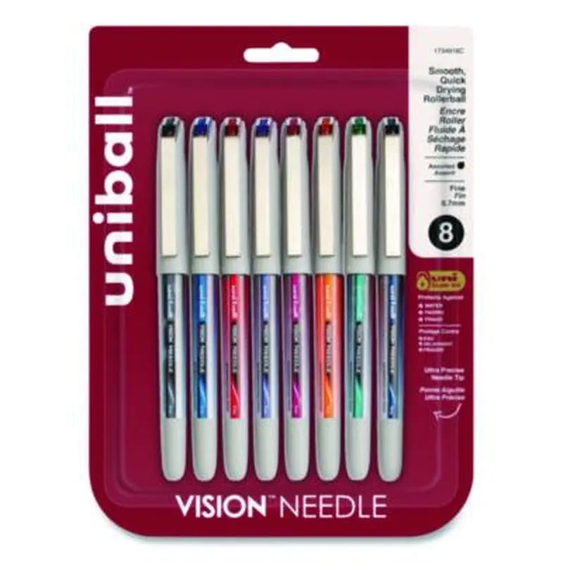 VISION Needle Rollerball Pen, Stick, Fine 0.7 mm, Assorted Ink and Barrel Colors, 8/Pack - Pens | uniball