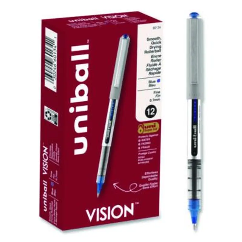 VISION Rollerball Pen, Stick, Fine 0.7 mm, Blue Ink, Silver/Blue/Clear Barrel, Dozen - Pens | uniball
