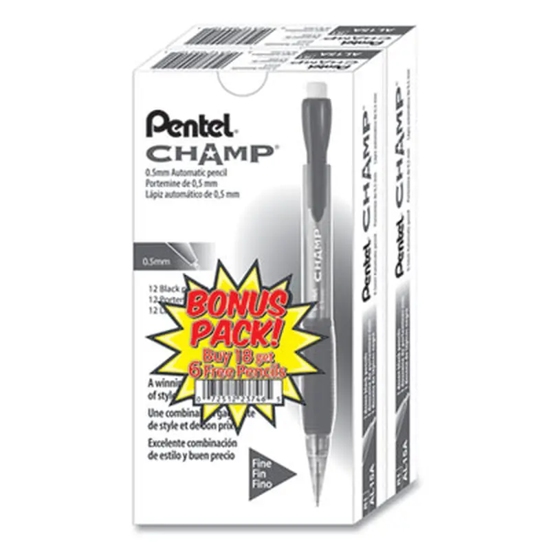 Champ Mechanical Pencil Value Pack, 0.5 mm, HB (#2), Black Lead, Clear/Black Barrel, 24/Pack - Pencils | Pentel