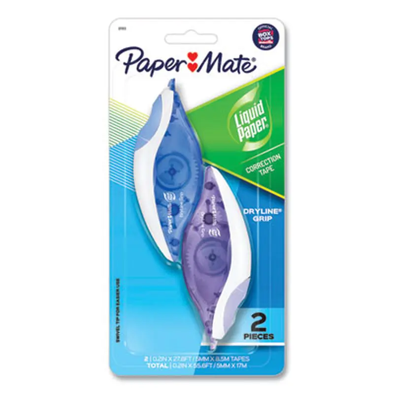 DryLine Grip Correction Tape, Non-Refillable, 0.2" x 27.92 ft, White Tape, Assorted Dispenser Colors, 2/Pack - Correction Tapes | Paper Mate Liquid Paper