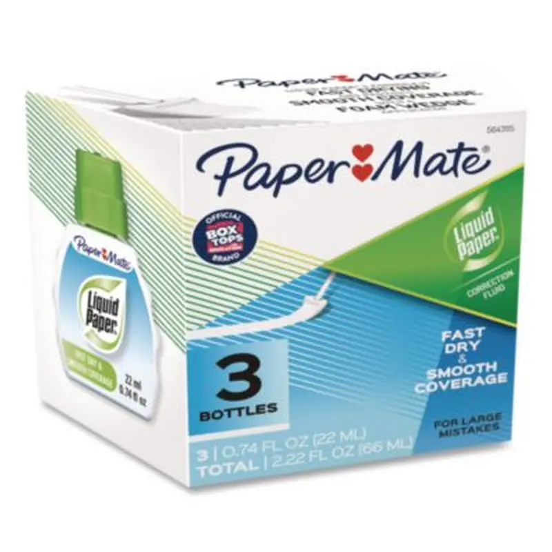 Fast Dry and Smooth Coverage Correction Fluid, Foam Brush Tip Applicator, 0.74 oz Bottle, White, 3/Pack - Correction Liquid | Paper Mate Liquid Paper