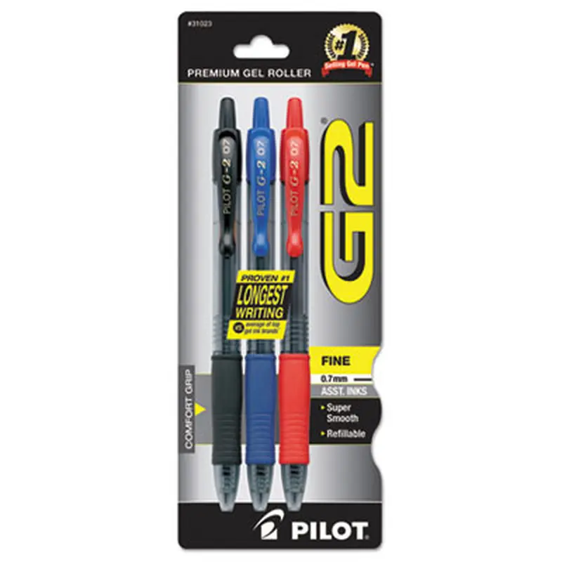G2 Premium Gel Pen, Retractable, Fine 0.7 mm, Assorted Ink and Barrel Colors, 3/Pack - Pens | Pilot