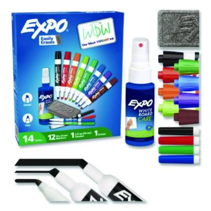 Low-Odor Dry Erase Marker, Eraser and Cleaner Kit, Medium Assorted Tips, Assorted Colors, 12/Set - Board Markers | EXPO