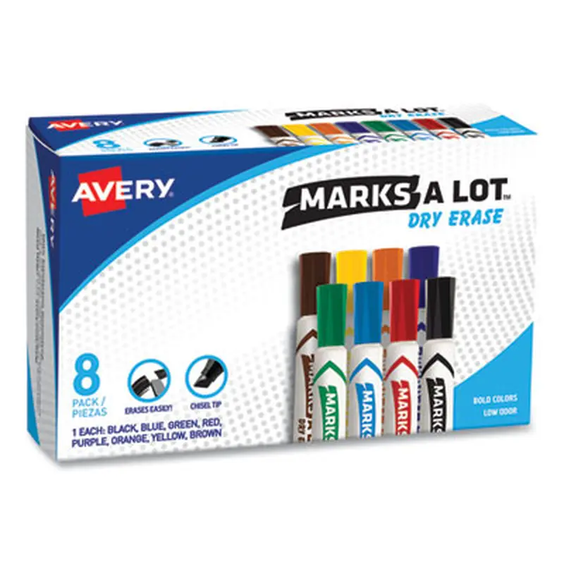 MARKS A LOT Desk-Style Dry Erase Marker, Broad Chisel Tip, Assorted Colors, 8/Set (24411) - Board Markers | Avery