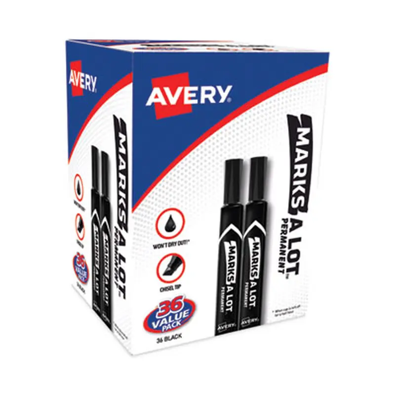 MARKS A LOT Large Desk-Style Permanent Marker Value Pack, Broad Chisel Tip, Black, 36/Pack (98206) - Markers | Avery