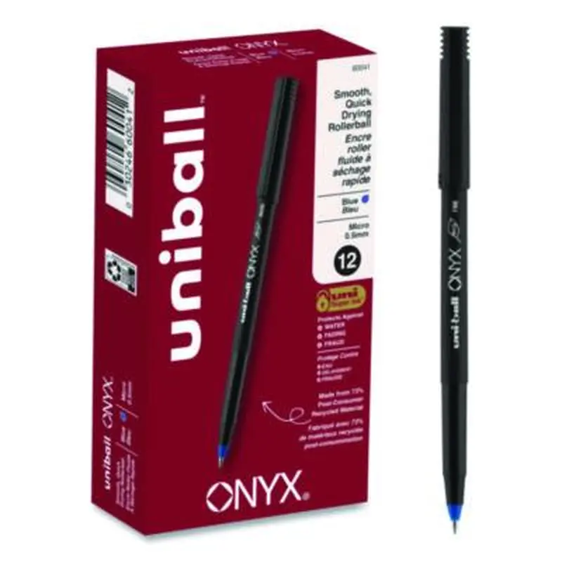 ONYX Rollerball Pen, Stick, Extra-Fine 0.5 mm, Blue Ink, Black/Blue Barrel, Dozen - Pens | uniball