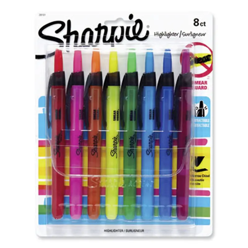 Retractable Highlighters with Storage Pouch, Assorted Ink Colors, Chisel Tip, Assorted Barrel Colors, 8/Set - Highlighters | Sharpie
