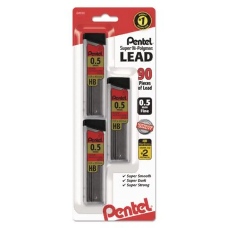 Super Hi-Polymer Lead Refills, 0.5 mm, HB, Black, 30/Tube, 3 Tubes/Pack - Pencil Lead | Pentel