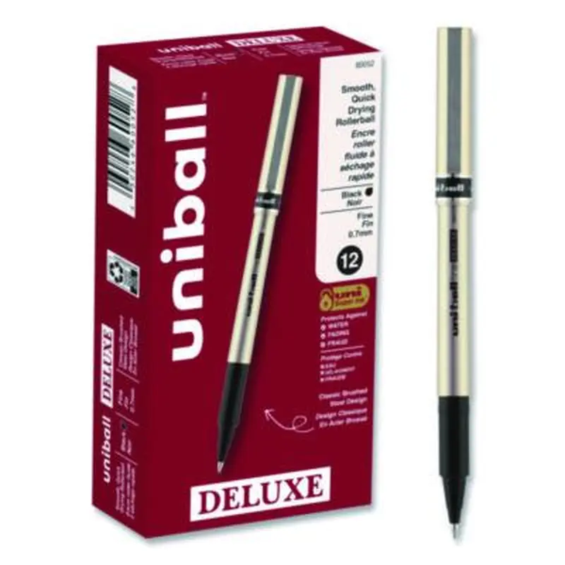 Deluxe Rollerball Pen, Stick, Fine 0.7 mm, Black Ink, Champagne/Black Barrel, Dozen - Pens | uniball