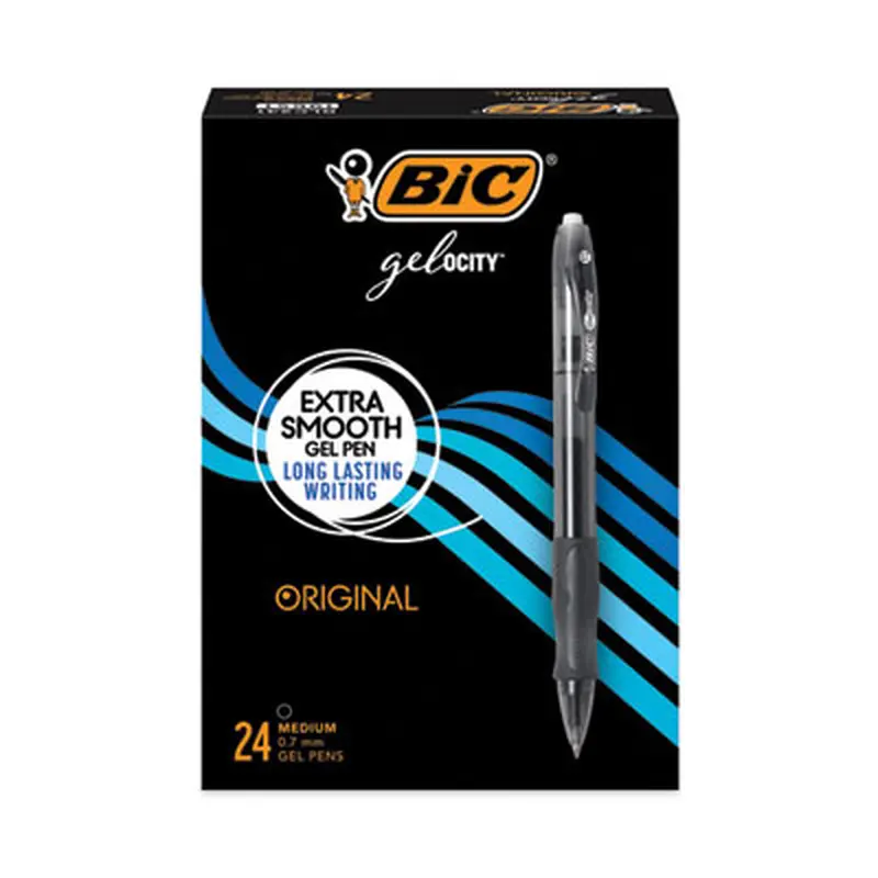 Gel-ocity Gel Pen Value Pack, Retractable, Medium 0.7 mm, Black Ink, Clear/Black Barrel, 24/Pack - Pens | BIC