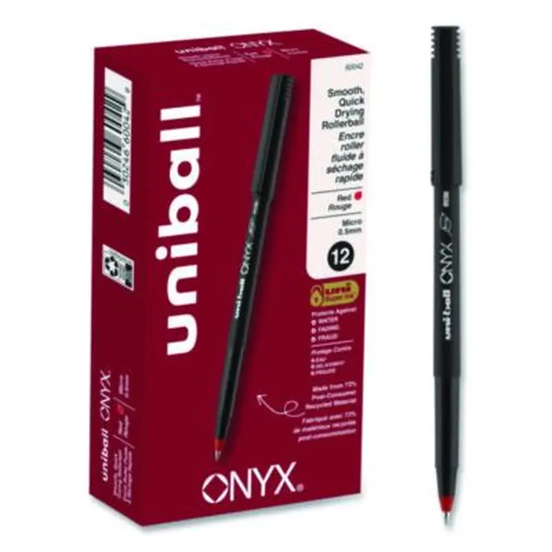 ONYX Rollerball Pen, Stick, Extra-Fine 0.5 mm, Red Ink, Black/Red Barrel, Dozen - Pens | uniball