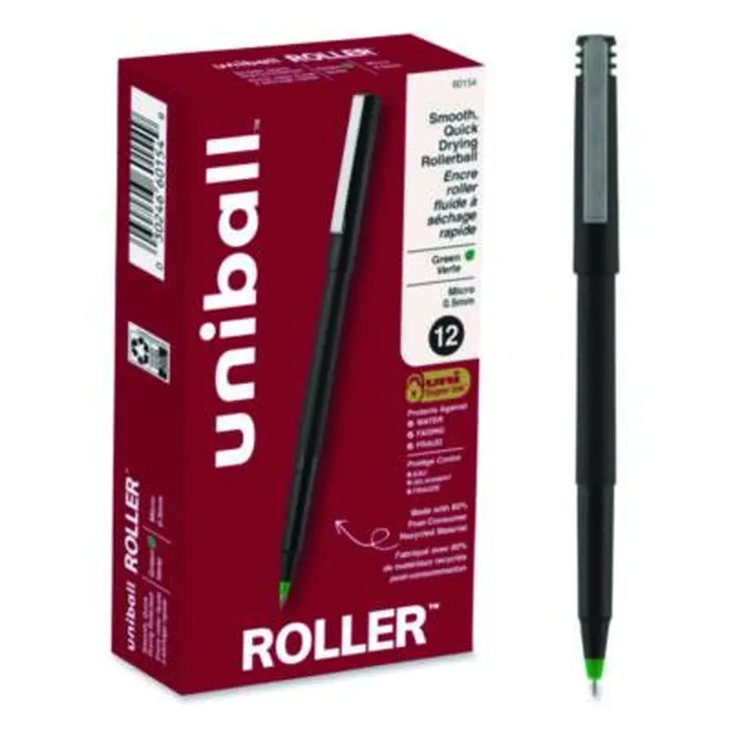 Rollerball Pen, Stick, Extra-Fine 0.5 mm, Green Ink, Black/Green Barrel, Dozen - Pens | uniball