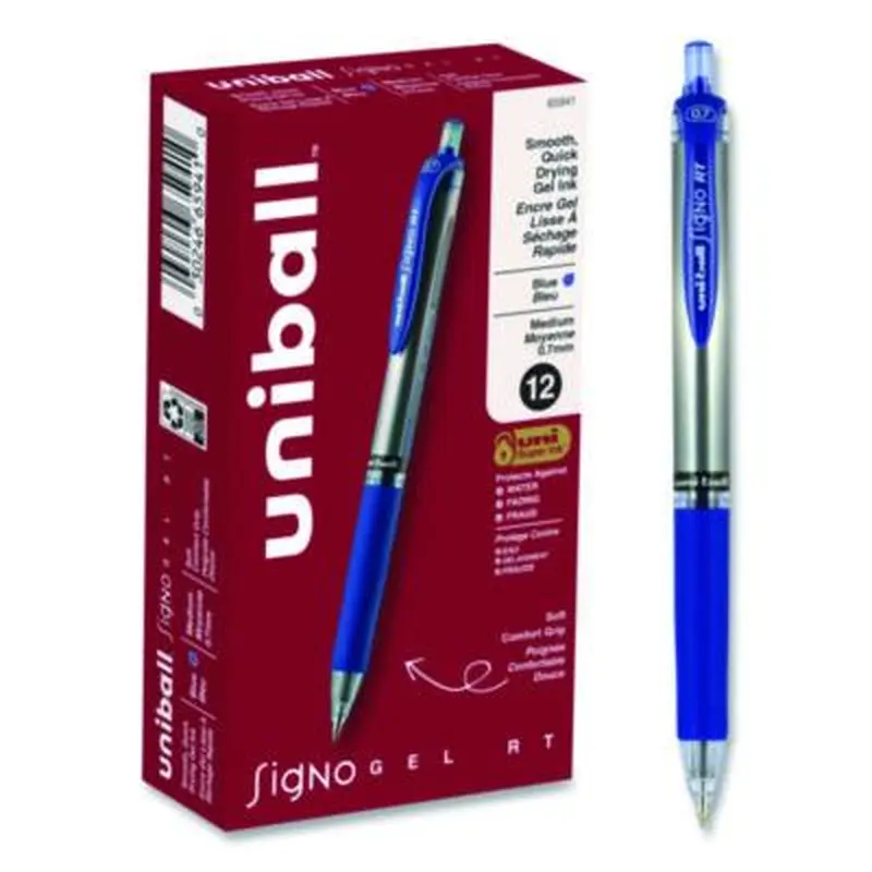 Signo Gel Pen, Retractable, Medium 0.7 mm, Blue Ink, Silver/Blue Barrel, Dozen - Pens | uniball