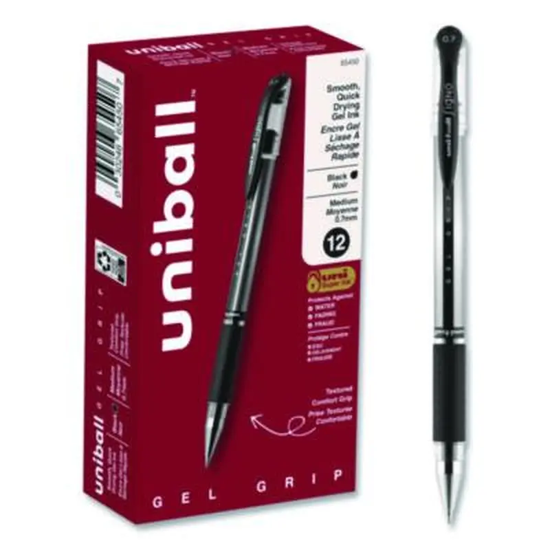 Signo GRIP Gel Pen, Stick, Medium 0.7 mm, Black Ink, Clear/Black/Silver Barrel, Dozen - Pens | uniball