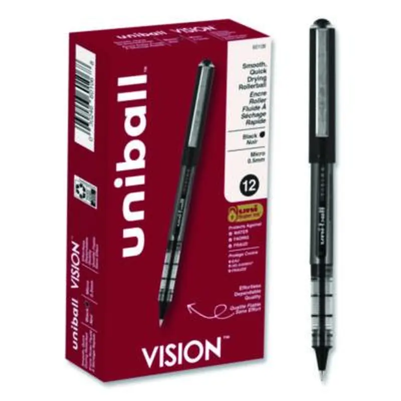 VISION Rollerball Pen, Stick, Extra-Fine 0.5 mm, Black Ink, Gray/Black/Clear Barrel, Dozen - Pens | uniball