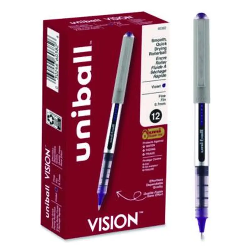 VISION Rollerball Pen, Stick, Fine 0.7 mm, Violet Ink, Silver/Violet/Clear Barrel, Dozen - Pens | uniball