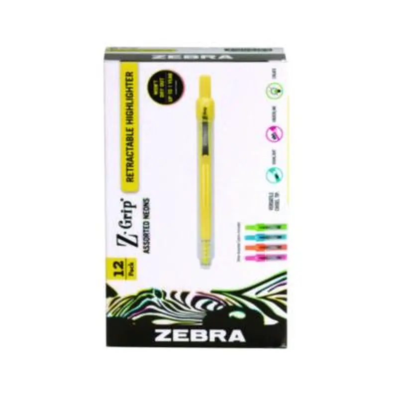 Z-Grip Retractable Highlighter Markers, Assorted Neon Ink, Chisel Tip, Assorted Neon Barrel, Dozen - Highlighters | Zebra