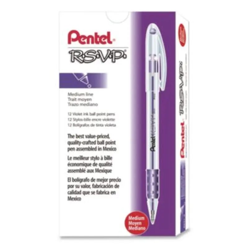 R.S.V.P. Ballpoint Pen, Stick, Medium 1 mm, Violet Ink, Clear/Violet Barrel, Dozen - Pens | Pentel