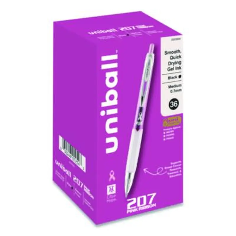 207 Breast Cancer Awareness Gel Pen Office Pack, Retractable, Medium 0.7mm, Black Ink, Translucent Pink/White Barrel, 36/Pack - Pens | uniball