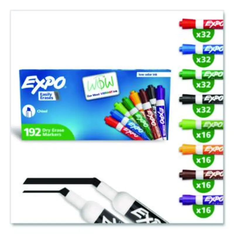 Low-Odor Dry Erase Marker Office Value Pack, Broad Chisel Tip, Assorted Colors, 192/Pack - Board Markers | EXPO