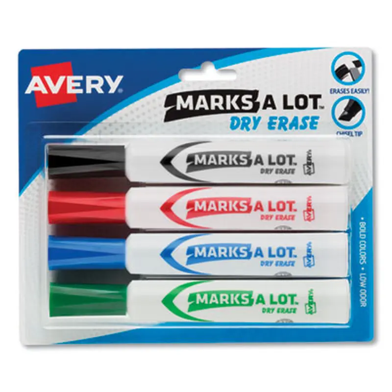 MARKS A LOT Desk-Style Dry Erase Marker, Broad Chisel Tip, Assorted Colors, 4/Set (24409) - Board Markers | Avery