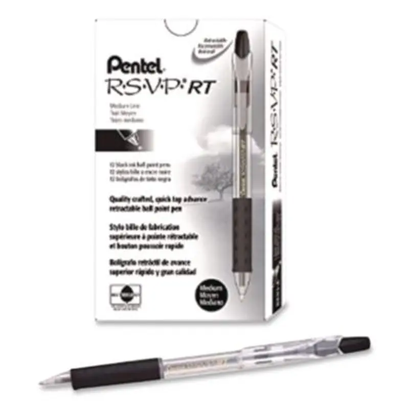 R.S.V.P. RT Ballpoint Pen, Retractable, Medium 1 mm, Black Ink, Clear Barrel, Dozen - Pens | Pentel