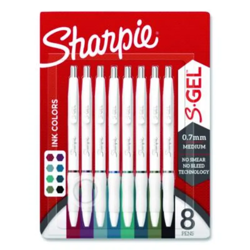 S-Gel Fashion Barrel Gel Pen, Retractable, Medium 0.7 mm, Assorted Ink, White Barrel, 8/Pack - Pens | Sharpie S-Gel