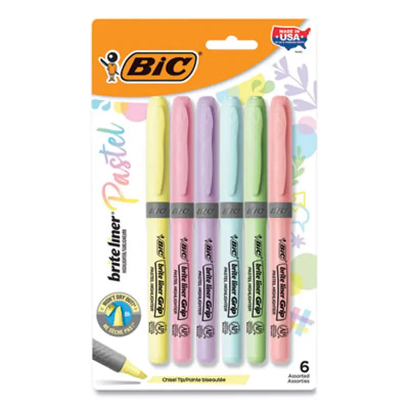 Brite Liner Grip Pocket Highlighter, Assorted Ink Colors, Chisel Tip, Assorted Barrel Colors, 6/Pack - Highlighters | BIC
