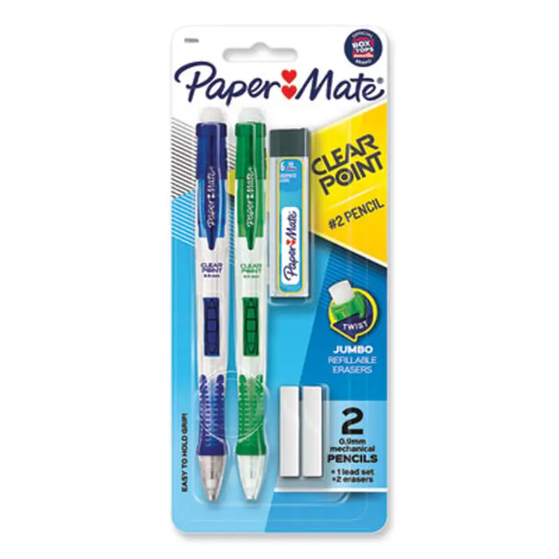 Clear Point Mechanical Pencils with Tube of Lead/Erasers, 0.9 mm, HB (#2), Black Lead, Assorted Barrel Colors, 2/Pack - Pencils | Paper Mate