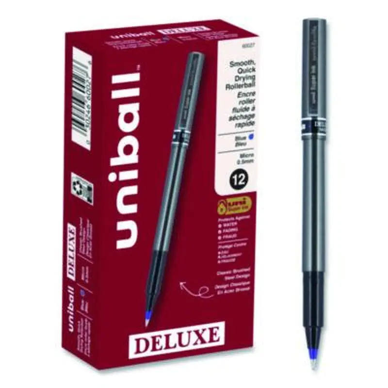 Deluxe Rollerball Pen, Stick, Extra-Fine 0.5 mm, Blue Ink, Metallic Gray/Black/Blue Barrel, Dozen - Pens | uniball
