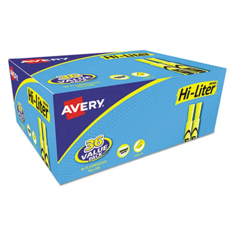 HI-LITER Desk-Style Highlighter Value Pack, Fluorescent Yellow Ink, Chisel Tip, Yellow/Black Barrel, 36/Box - Highlighters | Avery