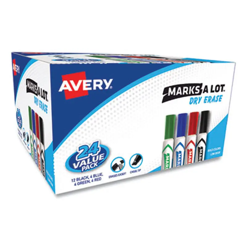 MARKS A LOT Desk-Style Dry Erase Marker Value Pack, Broad Chisel Tip, Assorted Colors, 24/Pack (98188) - Board Markers | Avery